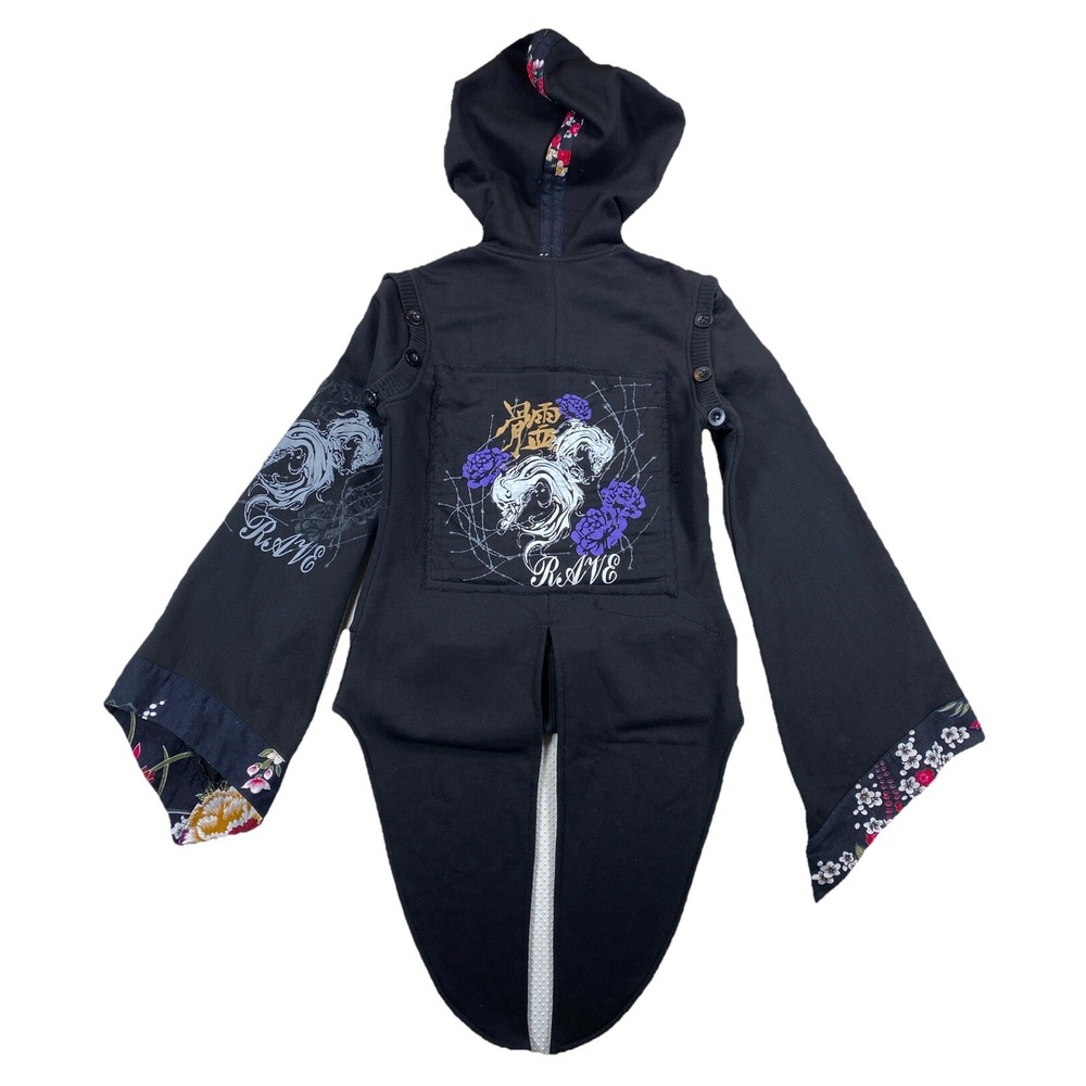 Punk Rave Women's Small Hoodie Tail Coat Floral  Skulls Goth Full Zip Buckle - Picture 2 of 6